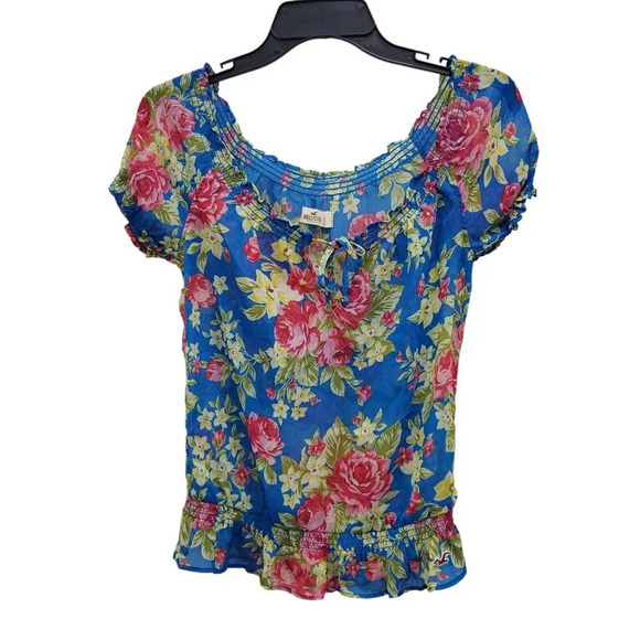Hollister Junior's Blue Pink Floral Sheer Gauzy‎ Keyhole Peasant Top Size XS - Picture 1 of 8